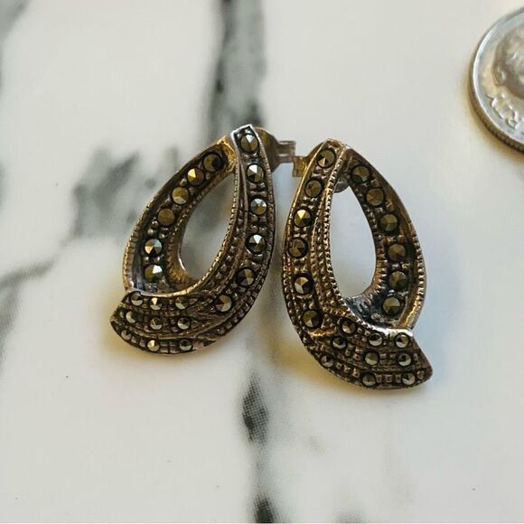 Sterling Silver Marcasite Earrings Sterling Backs - Picture 3 of 3